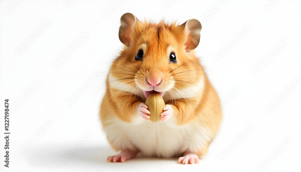 Close-up portrait of a tiny hamster holding a snack on a white background. Adorable and content expression. Close-up portrait of a tiny hamster holding a snack on a white background. Adorable and content expression.
