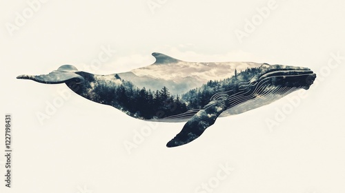 Mountain landscape whale double exposure, ocean wildlife, nature art, poster design