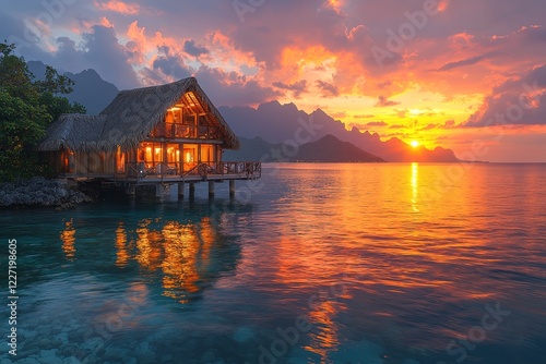 The South Pacific Ocean witnesses a glorious sunset, its vibrant colors reflecting off the clouds on the horizon, framed by the lagoon of Moorea, offering an unparalleled luxury travel adventure