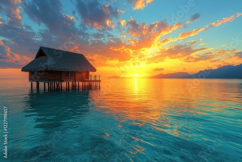 A breathtaking sunset with vibrant colors over the clouds on the South Pacific Ocean's horizon, featuring the serene lagoon of Moorea, perfect for a luxury travel experience