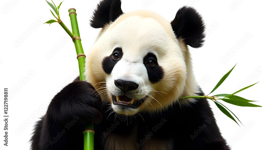 Fototapeta premium Close-up portrait of a panda holding a bamboo shoot. Relaxed expression on white background
