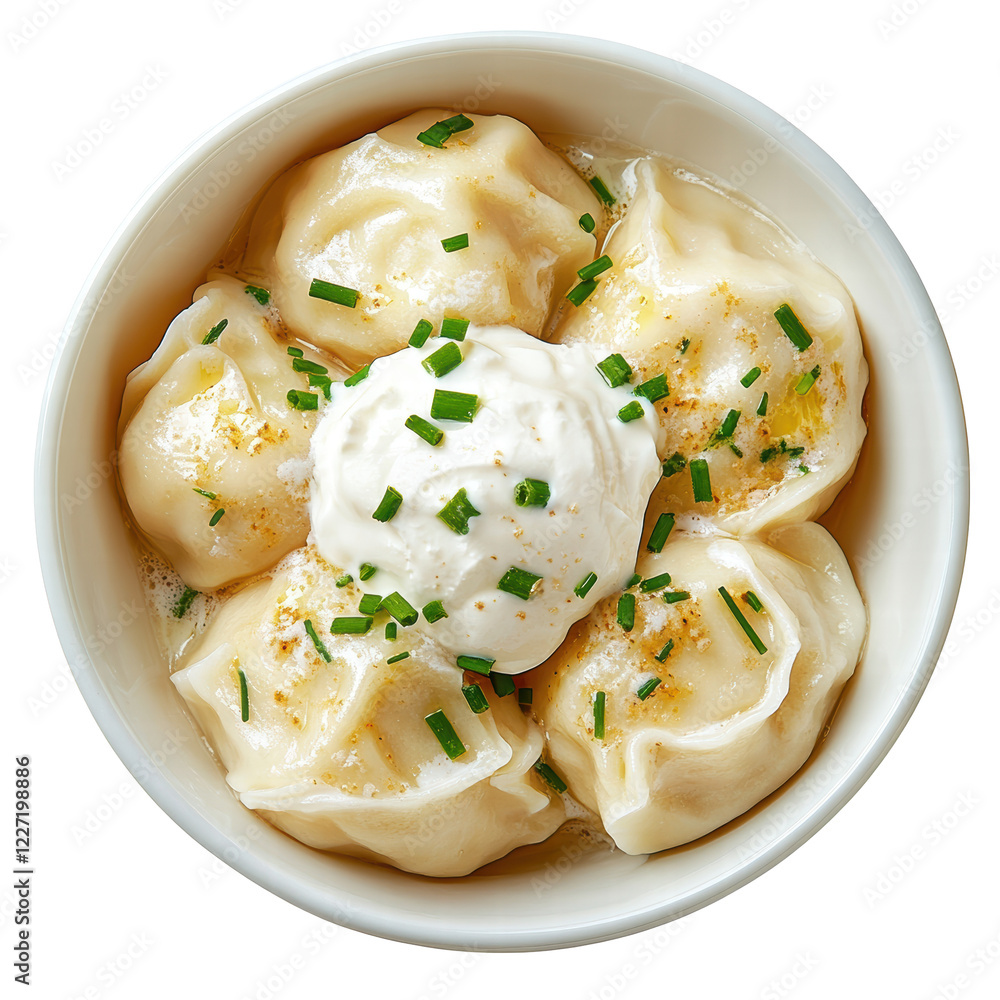 Isolated Bowl of Dumplings with Sour Cream and Herbs Isolated Bowl of Dumplings with Sour Cream and Herbs