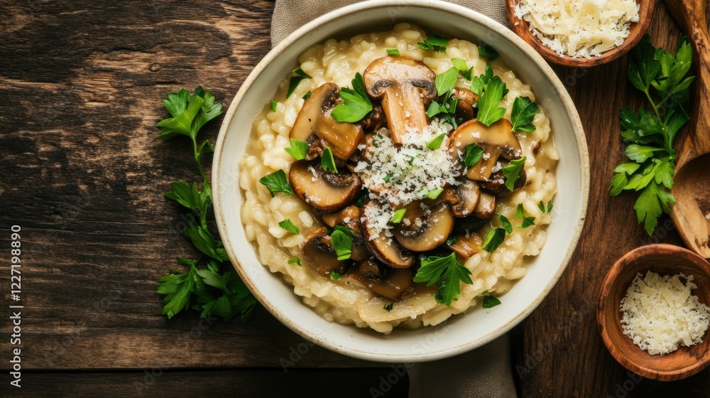 A delightful and creamy mushroom risotto topped with sautéed mushrooms, fresh parsley, and a sprinkle of Parmesan cheese A delightful and creamy mushroom risotto topped with sautéed mushrooms, fresh parsley, and a sprinkle of Parmesan cheese