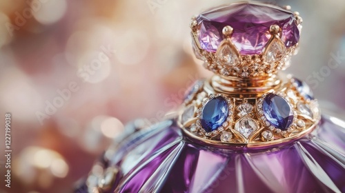 Elegant purple perfume bottle with gemstone accents on luxurious background photo