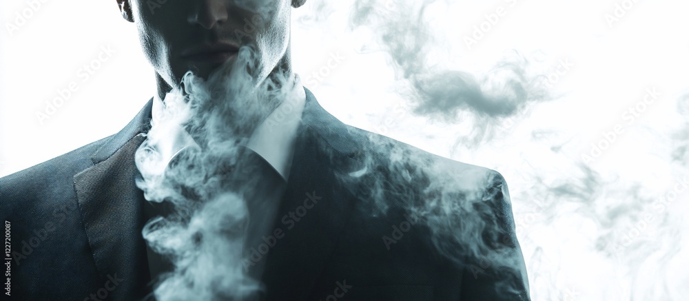 Obraz premium Man in suit vaping, smoke obscures face, white background, advertising