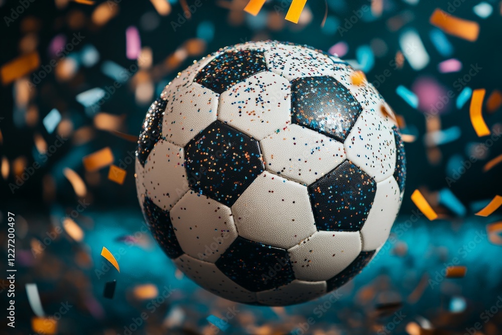 Naklejka premium Celebration of sports with a soccer ball surrounded by colorful confetti in an energetic atmosphere