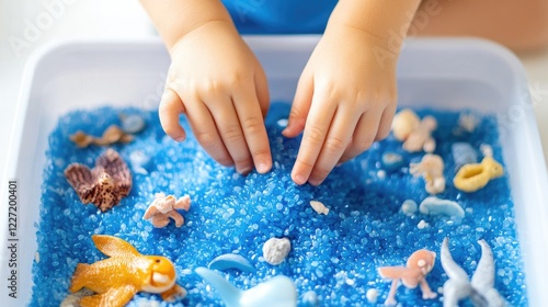 Child's hands playing with blue sensory bin filled with ocean-themed toys