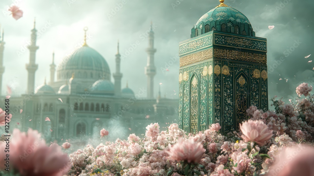 Obraz premium Serene Mosque Amidst Blossoming Flowers