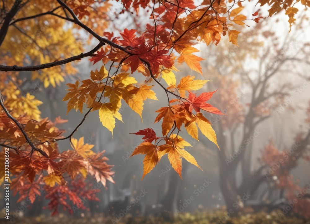 Colorful leaves on a branch sway gently in autumn breeze,  fall season,  outdoors,  seasonal change