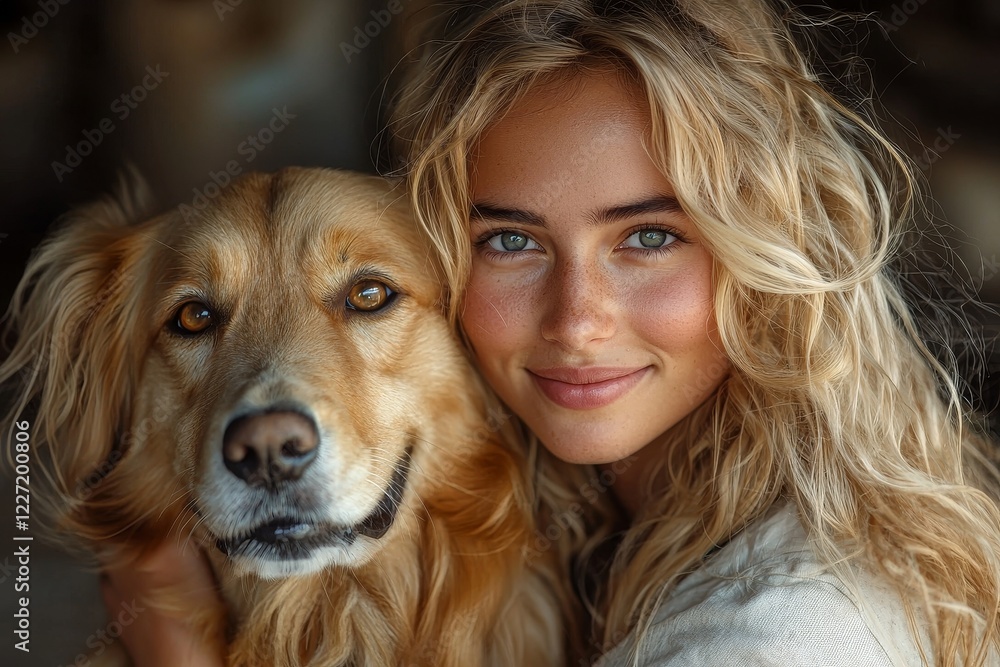 A fair-skinned woman giving her mongrel dog a hug A fair-skinned woman giving her mongrel dog a hug