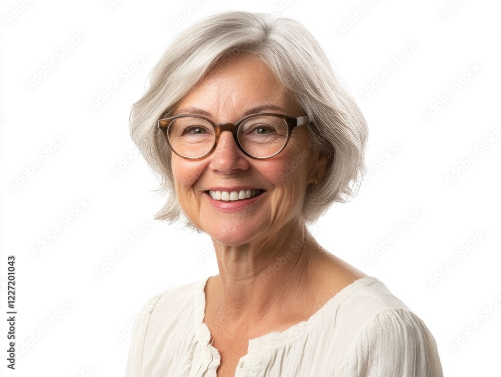 Elderly caucasian woman smiling with white hair and glasses against white background Elderly caucasian woman smiling with white hair and glasses against white background