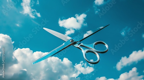 A pair of open silver scissors is suspended in mid-air against a blue sky and white clouds background. photo