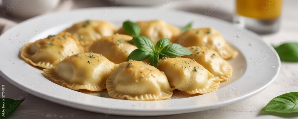 Delicate ravioli with ricotta and basil filling placed on a white plate , Italian cuisine, dessert, basil Delicate ravioli with ricotta and basil filling placed on a white plate , Italian cuisine, dessert, basil