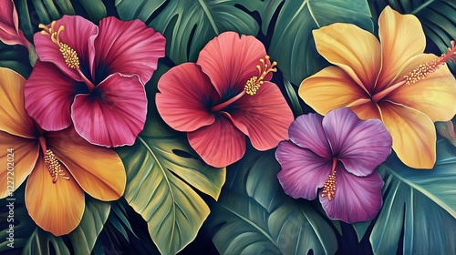 Bold, bright flowers like hibiscus, orchids, and plumeria paired with tropical leaves. These patterns are often vibrant with large, eye-catching flowers and sweeping palm fronds or monstera leaves. photo