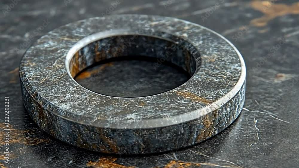 A circular stone object with a hollow center, resting on a textured surface. A circular stone object with a hollow center, resting on a textured surface.