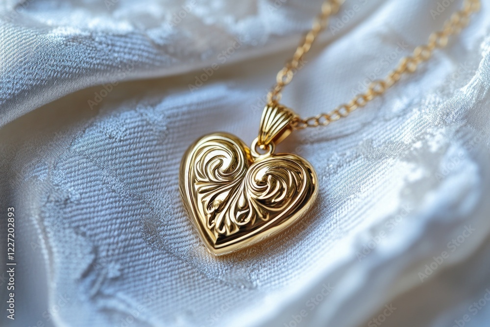 Elegant gold heart locket on intricate embroidered fabric Elegant gold heart locket on intricate embroidered fabric