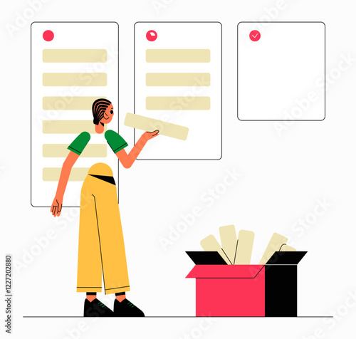 Female Character Organizing Notes In Flat Vector Illustration Symbolizing Task Management, Organization, And Productivity, Isolated On White Background