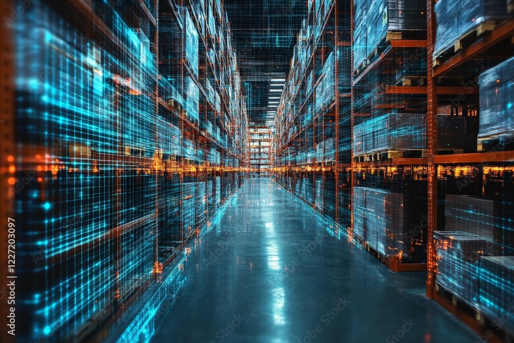 Modern warehouse with advanced technology and digital overlays showcasing logistics and inventory management Modern warehouse with advanced technology and digital overlays showcasing logistics and inventory management