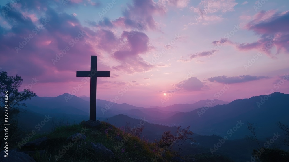 Obraz premium Holy concept: A silhouette of the cross on top of the hill with an on-mountain sunset beautiful sky background, the concept for Easter and Jesus Christ.