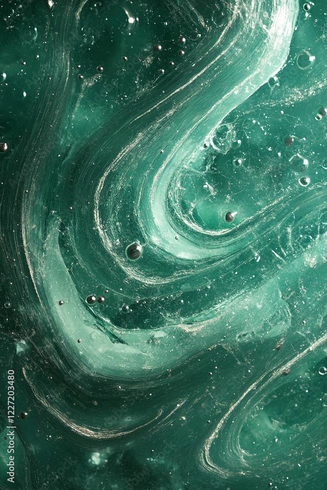 Obraz premium Abstract swirling turquoise liquid with dynamic wave patterns and bubbles, symbolizing energy, creativity, and fluid motion