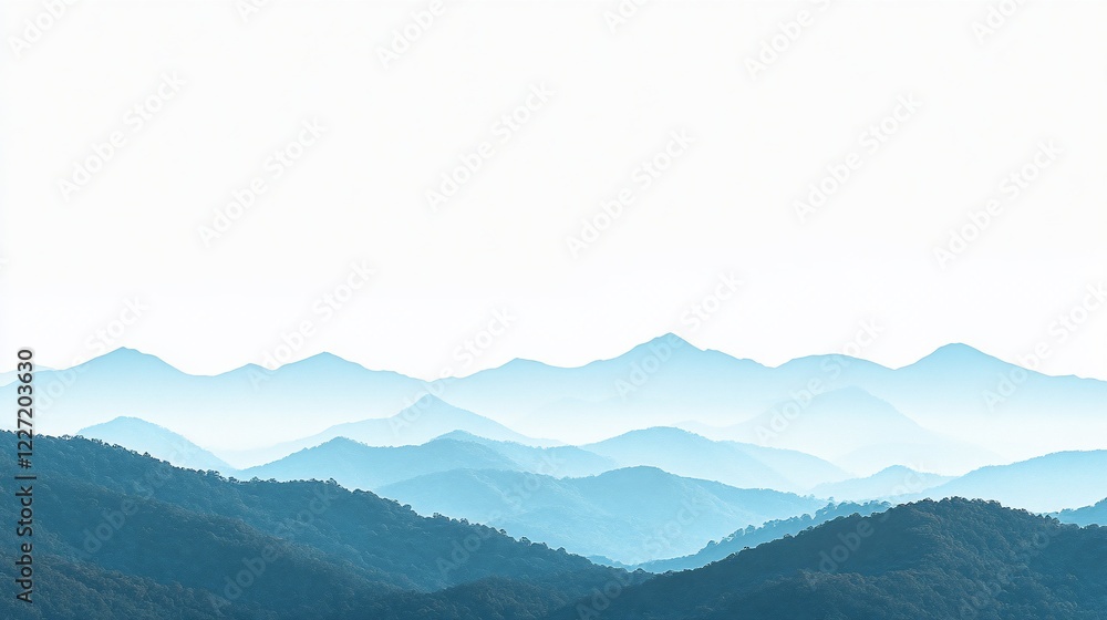 Fototapeta premium Blue misty mountain range panorama, sunrise, serene landscape, peaceful background, website header