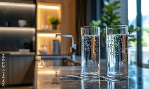 Uv water purification process in modern home kitchen environment