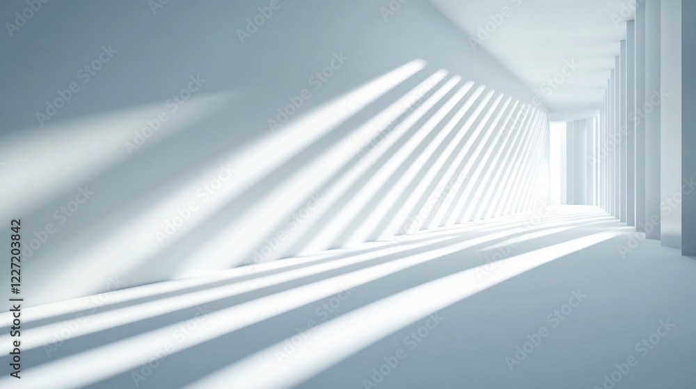 Sunlit minimalist hallway, columns, white walls, architectural design, interior Sunlit minimalist hallway, columns, white walls, architectural design, interior