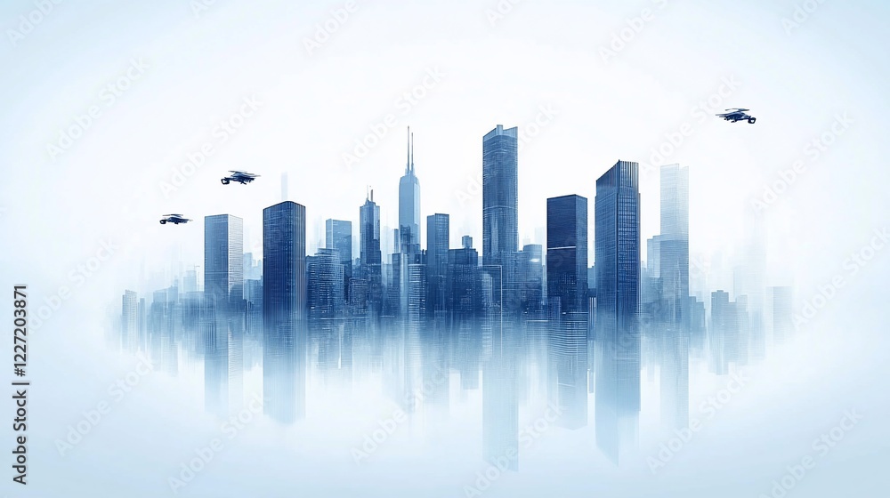 Futuristic city skyline reflected, drones flying, urban development concept Futuristic city skyline reflected, drones flying, urban development concept