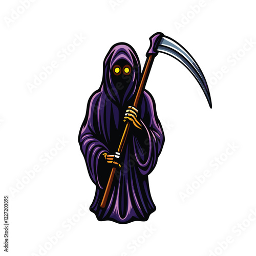 Illustrate a hooded Grim Reaper figure with intensely glowing, emerald green eyes,  standing in a dark, shadowy graveyard.  The hood should obscure most of the face.
