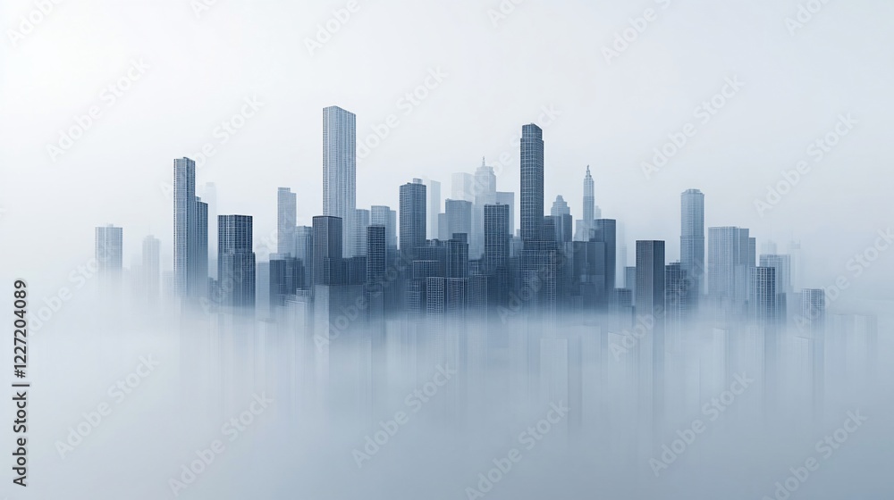 Foggy city skyline, hazy urban landscape, misty metropolis, sunrise, promotional use Foggy city skyline, hazy urban landscape, misty metropolis, sunrise, promotional use