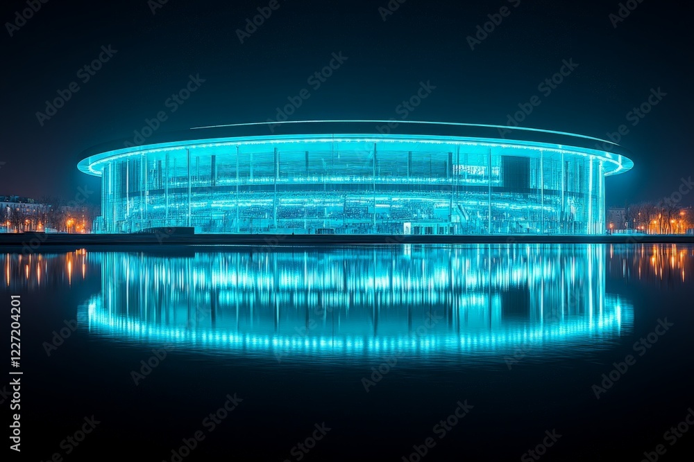 Modern architecture illuminated by blue light at night near water Modern architecture illuminated by blue light at night near water