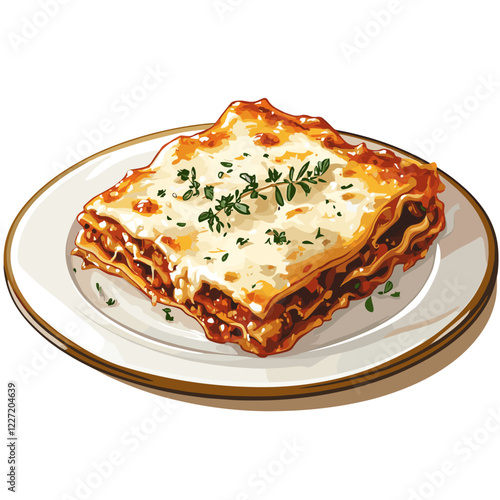 A plate with a piece of delicious beef lasagna with bechamel and mozzarella food vector illustration isolated on a white background