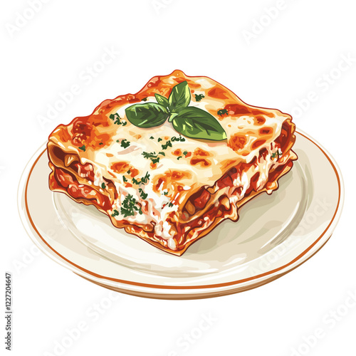 A plate with a piece of delicious beef lasagna with bechamel and mozzarella food vector illustration isolated on a white background