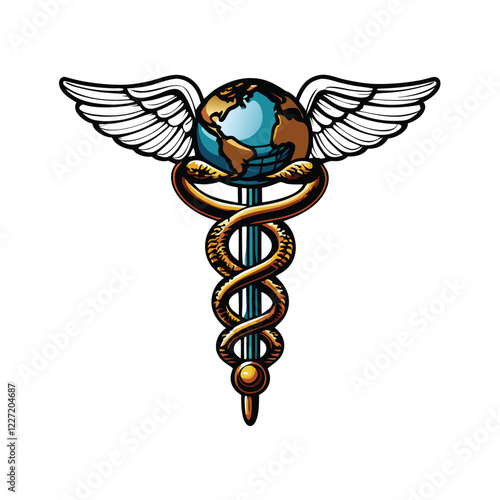 Design a sophisticated logo incorporating a Caduceus entwined around a detailed globe, emphasizing global healthcare.