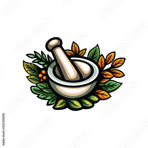 Design a sophisticated logo featuring a mortar and pestle encircled by leaves, conveying herbal remedies or natural healing.