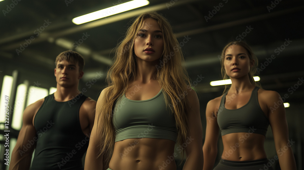 Fototapeta premium A group of three fitness trainers, one man and two women, standing in a modern gym with exercise equipment visible in the blurred background. They wear athletic clothing, exuding energy and motivation