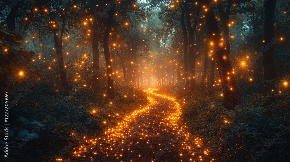 Naklejka premium Enchanted Forest Path Illuminated by Glowing Lights in a Magical Twilight Scene