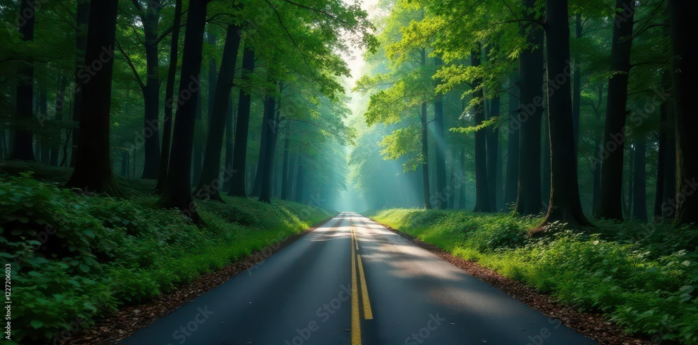 Long, straight road vanishes into dense forest depths , shadows, green Long, straight road vanishes into dense forest depths , shadows, green