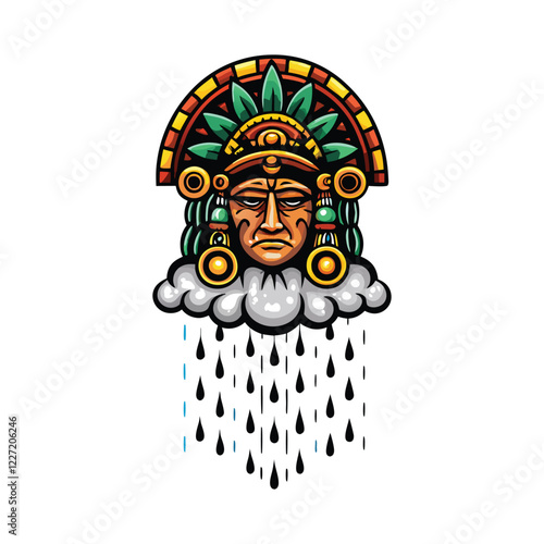 Illustrate Tlaloc, the Aztec rain god, depicted with flowing water, intricate headdress, and numerous water droplets cascading around him.