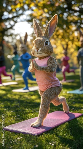 Brown Rabbit Engages in Yoga Pose on Purple Mat in Park
