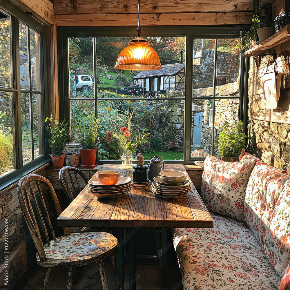 Fototapeta premium Rustic dining nook with garden view in cozy cottage
