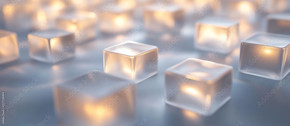Glowing cubes on surface, soft background, tech concept Glowing cubes on surface, soft background, tech concept