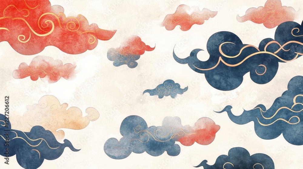Fototapeta premium Vector illustration of Japanese cloud set. A cloud's movement in the sky is influenced by the wind. Decorate with Chinese ornaments or eastern ornaments. clouds in Chinese style. Eps 10.