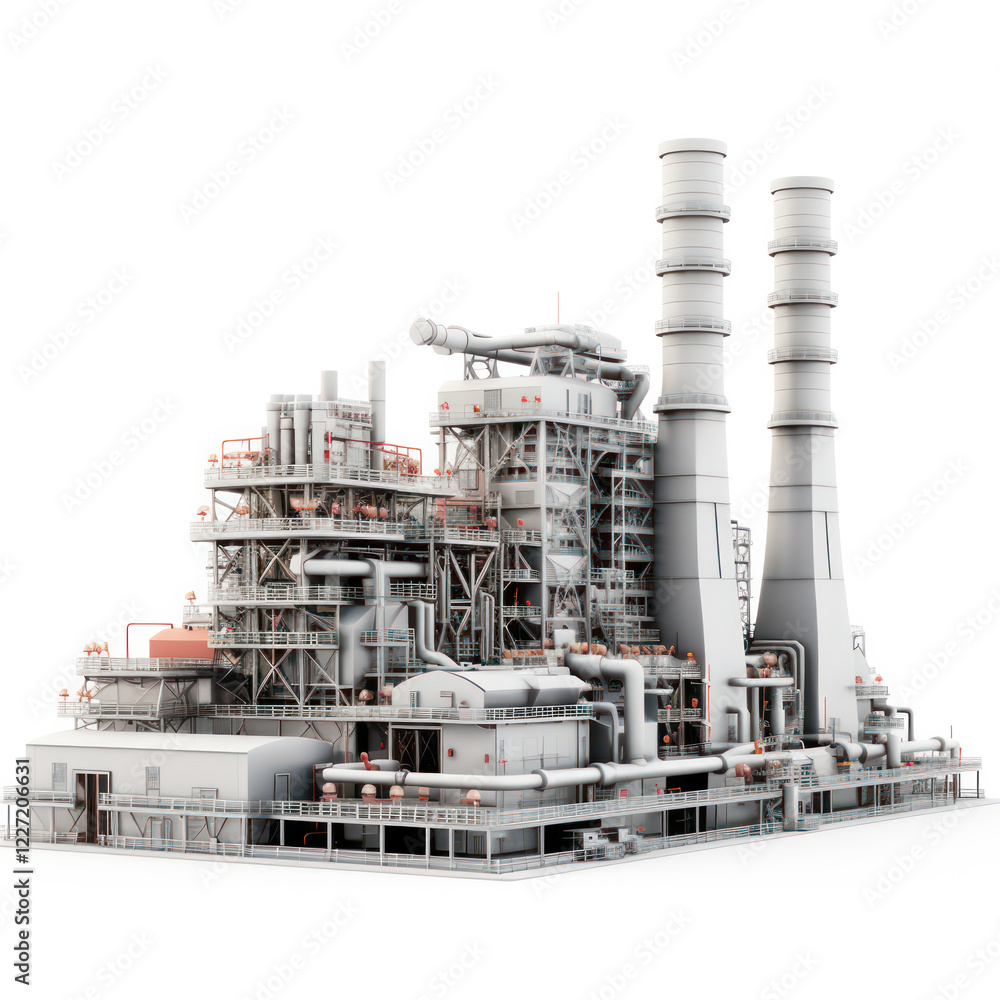 Industrial power plant facility with tall smokestacks and complex machinery during daylight hours Industrial power plant facility with tall smokestacks and complex machinery during daylight hours