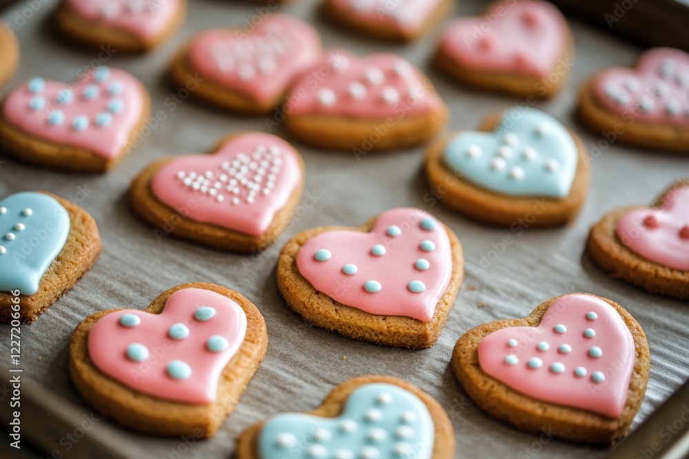 Heart-shaped sugar cookies with colorful icing and dots on a baking tray. Valentine's Day Heart-shaped sugar cookies with colorful icing and dots on a baking tray. Valentine's Day