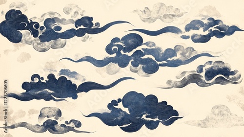 Vector illustration of Japanese cloud set. A cloud's movement in the sky is influenced by the wind. Decorate with Chinese ornaments or eastern ornaments. clouds in Chinese style. Eps 10.