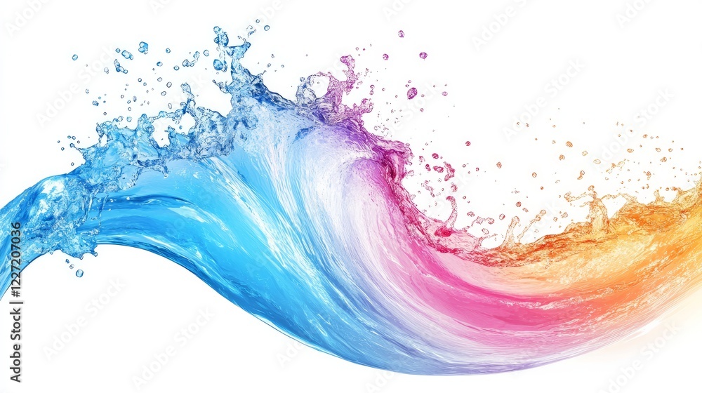 Isolated fluid droplets in a blue, pink, and orange liquid splash wave on a white background Isolated fluid droplets in a blue, pink, and orange liquid splash wave on a white background
