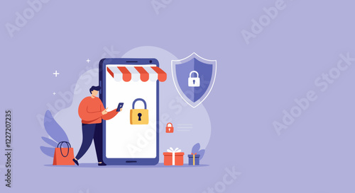 Conceptual illustration of online shopping security, featuring a person with a smartphone and digital locks.