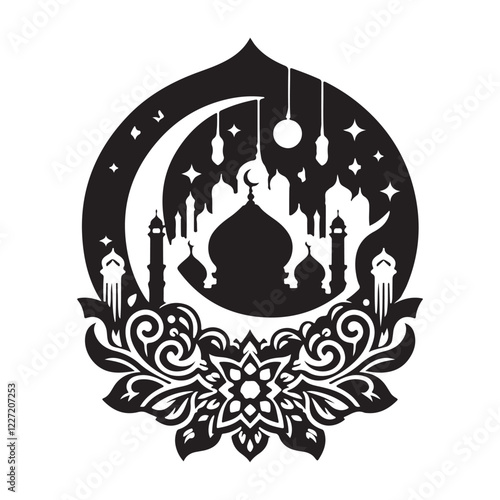 Beautiful Muslim festival illustration featuring mosques and stars