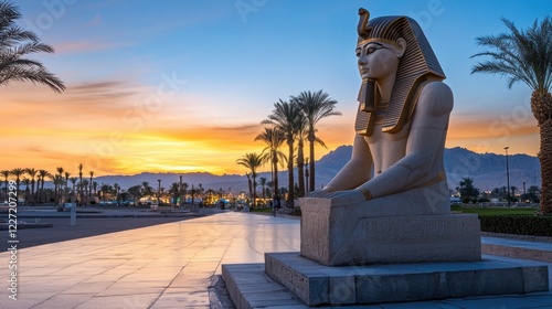 the statue of an egyptian pharaoh sits in the middle of a plaza photo